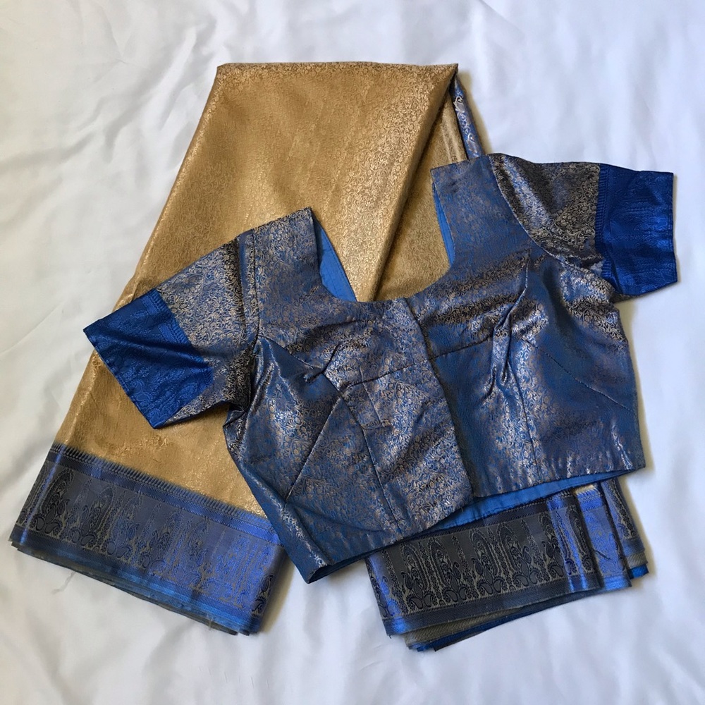 New Blue and Gold Brocade Sari with blouse